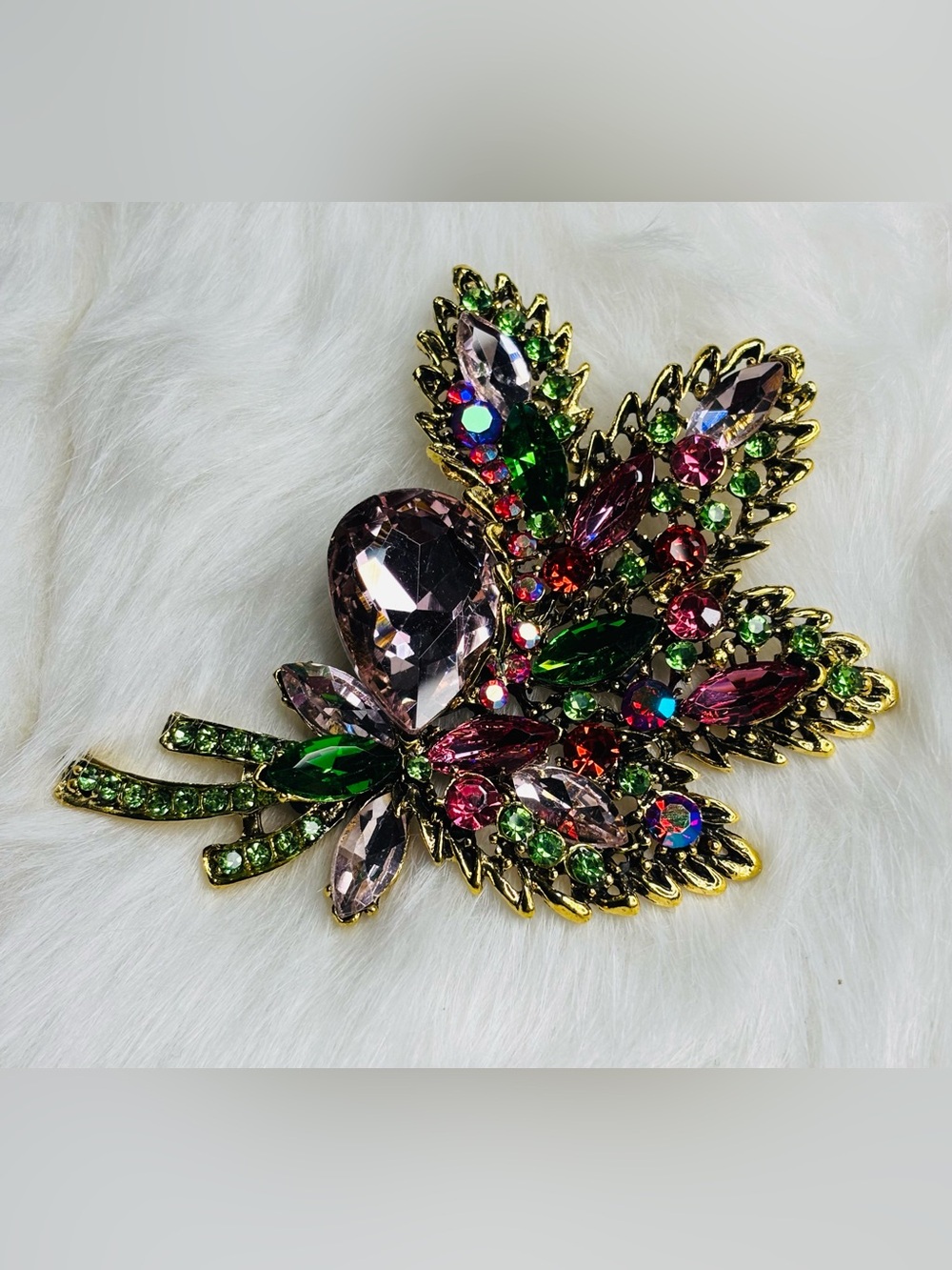 Large Multicolor Crystal Floral Bouquet Brooch Gold Tone Rhinestone Statement Pi